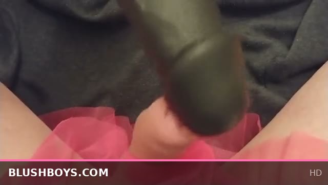 Femboy Teases His Dick with Huge Black Dildo and Climaxes All Over It